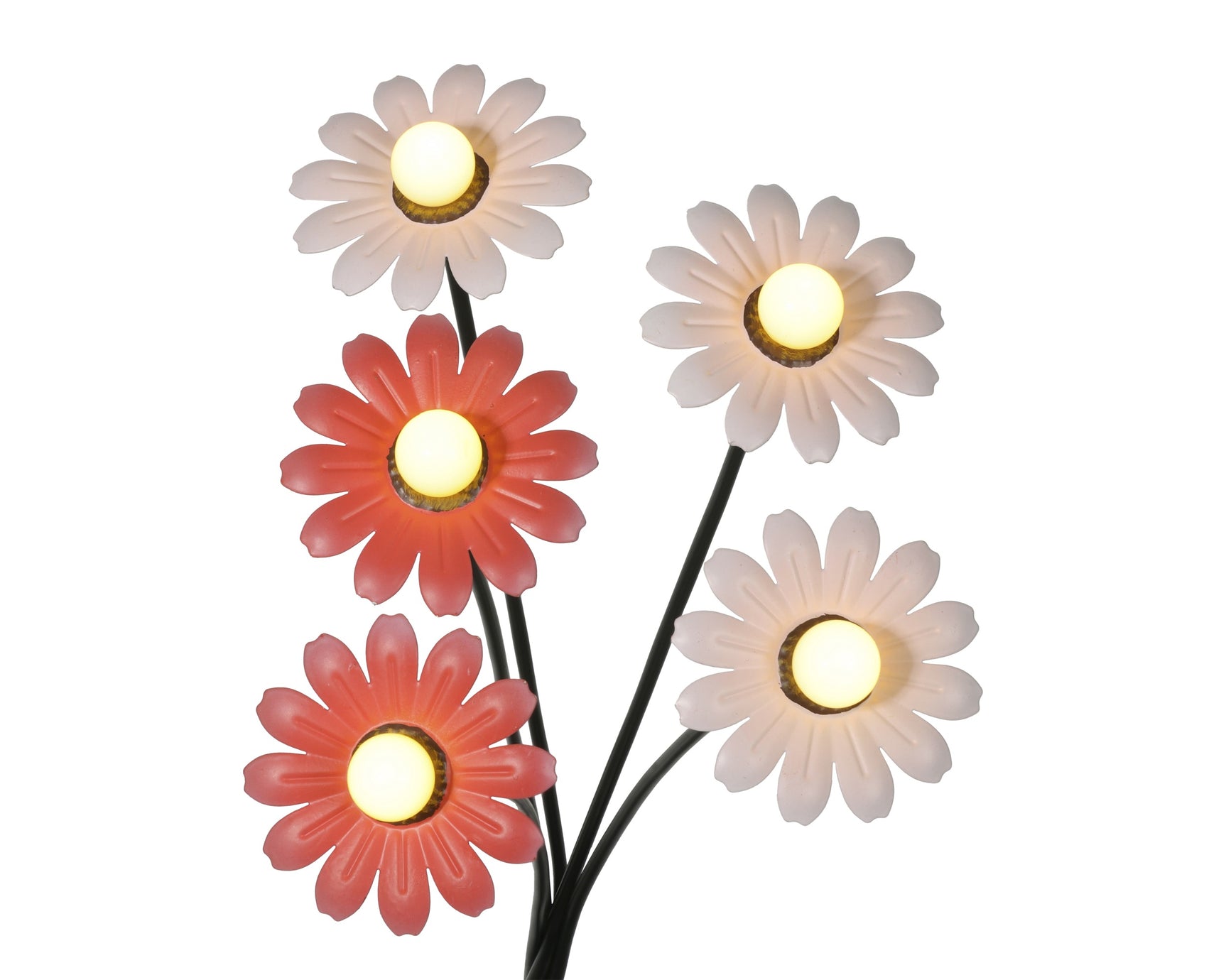 Metalen zonnebloem tuinlamp met bloemkoppen in wit, roze en rood, met warm licht