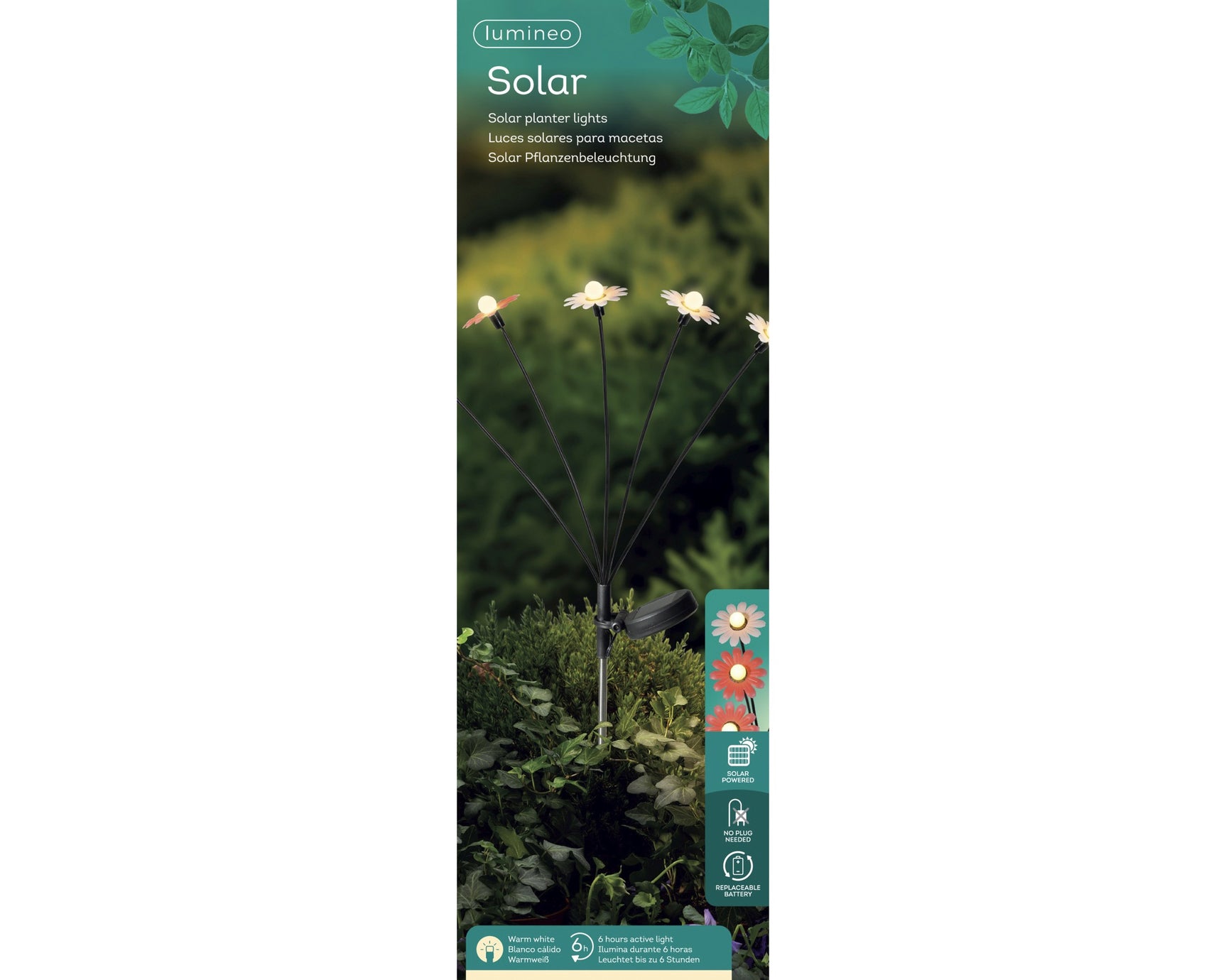 Verpakking luminéo Solar zonneboem tuinlamp met afbeelding van bloemkoppen