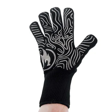 Handschoenen van Solo Stove, zwarte handschoen met wit golfpatroon en vlamlogo