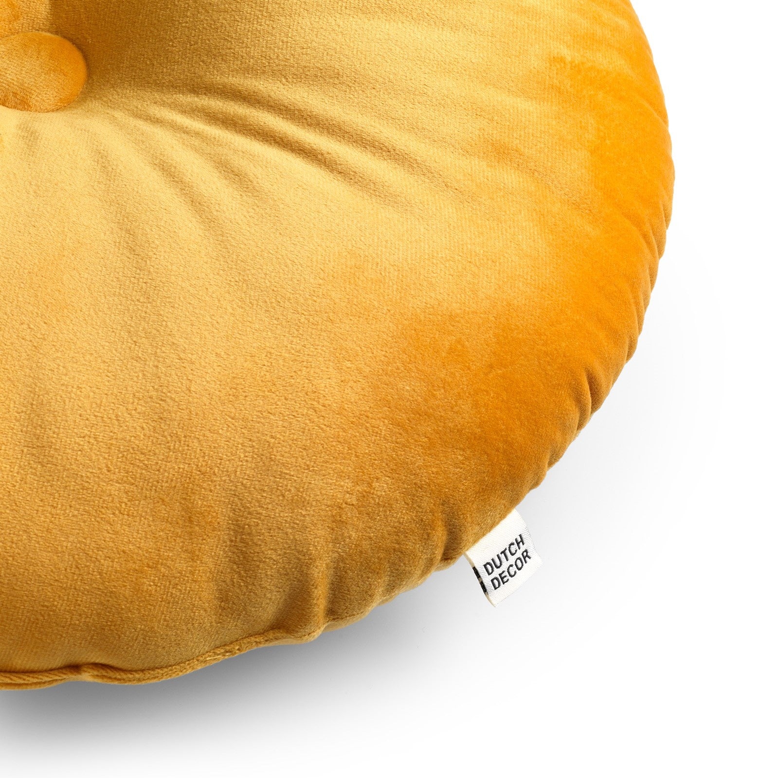 Sierkussen Olly 40 cm Golden Glow, rond geel fluwelen kussen met Dutch Decor-label