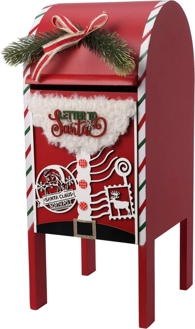 Rode kerstbrievenbus met snoepstokdecor en Santa-claus embleem