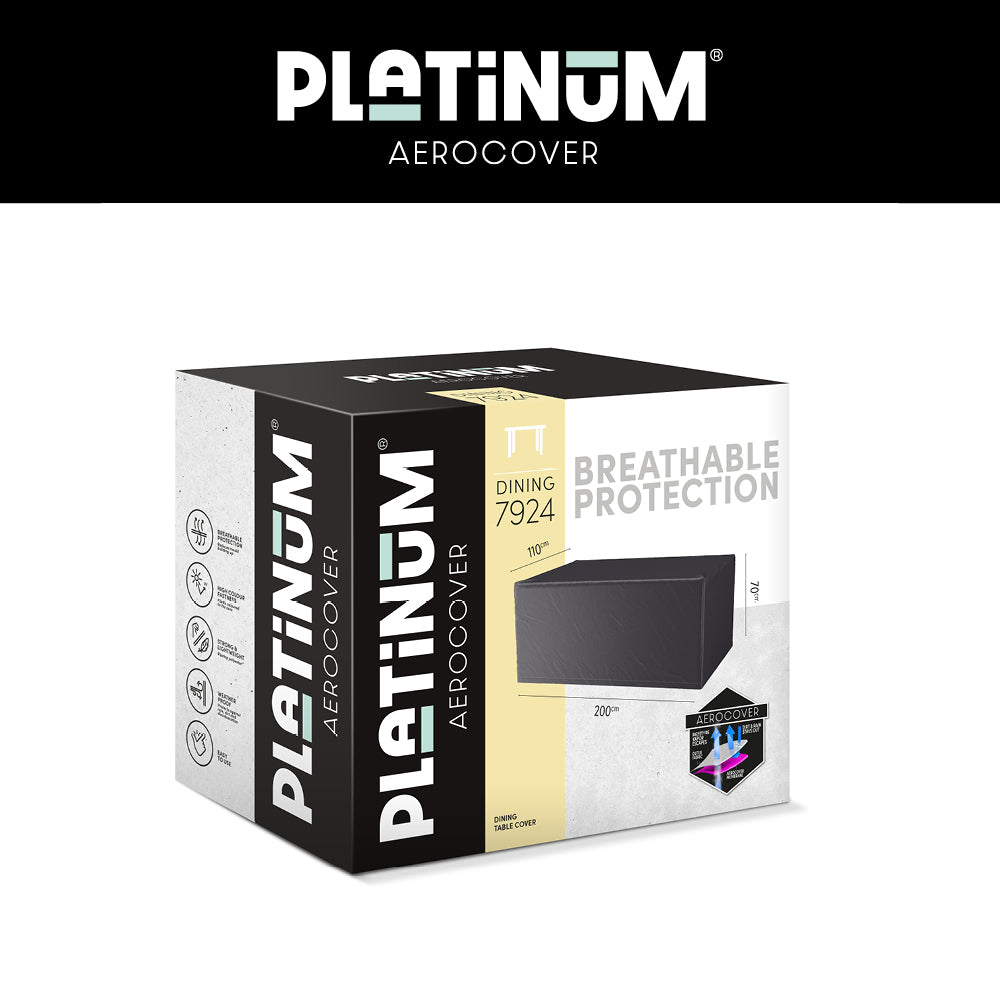 Platinum AeroCover tuintafelhoes verpakking met productafbeelding en beschermingsinfo