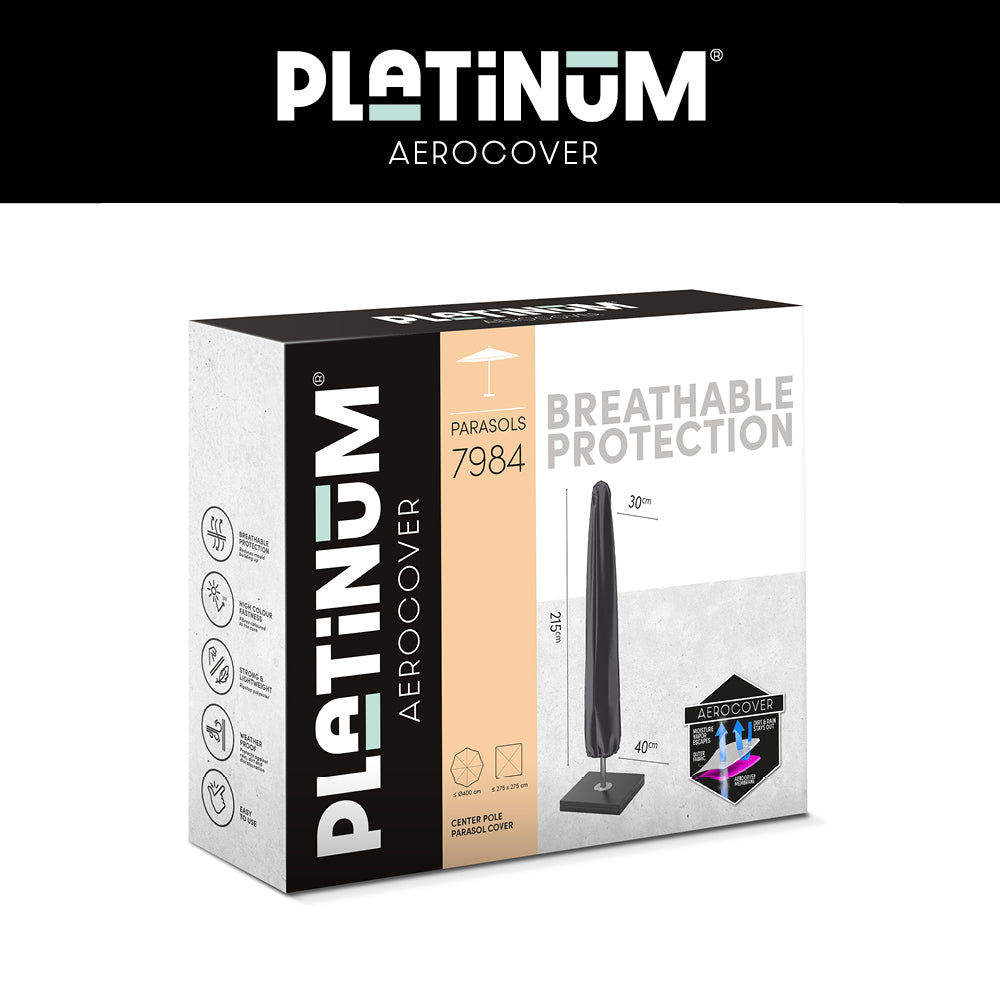 Platinum AeroCover parasolhoesverpakking met donkergrijze hoes en pictogrammen