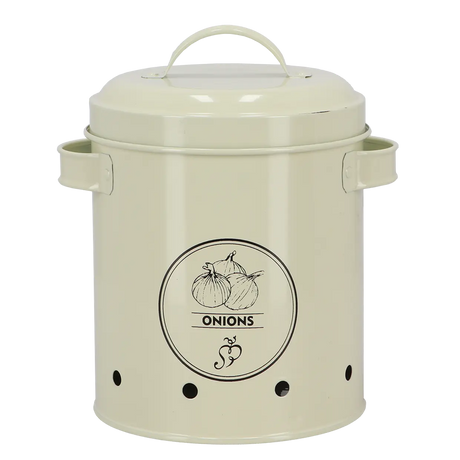 Voorraadblik voor uien crème met opklapdeksel en rond uienembleem op de pot.