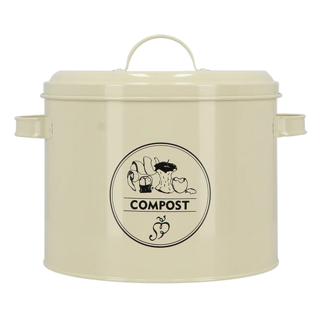 Keukencomposter in crème met gesloten deksel en COMPOST-logo