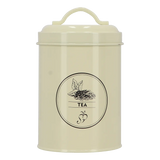Theevoorraadblik in crème met rond etiket “TEA” en greep/handvat