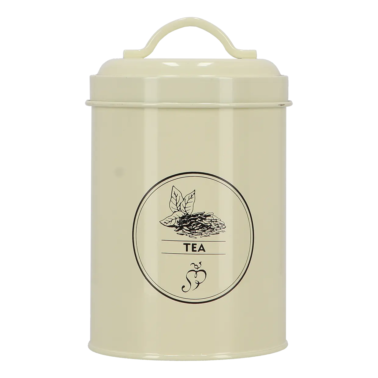 Theevoorraadblik in crème met rond etiket “TEA” en greep/handvat