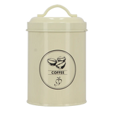 Koffievoorraadblik in crème met rond etiket “COFFEE” en greep/handvat
