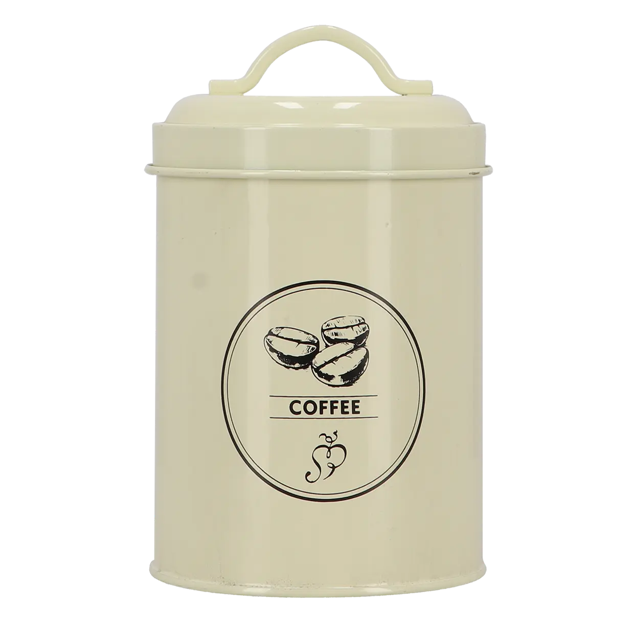Koffievoorraadblik in crème met rond etiket “COFFEE” en greep/handvat