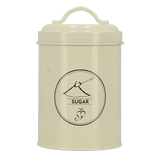 Suikervoorraadblik in crème met rond etiket “SUGAR” en greep/handvat