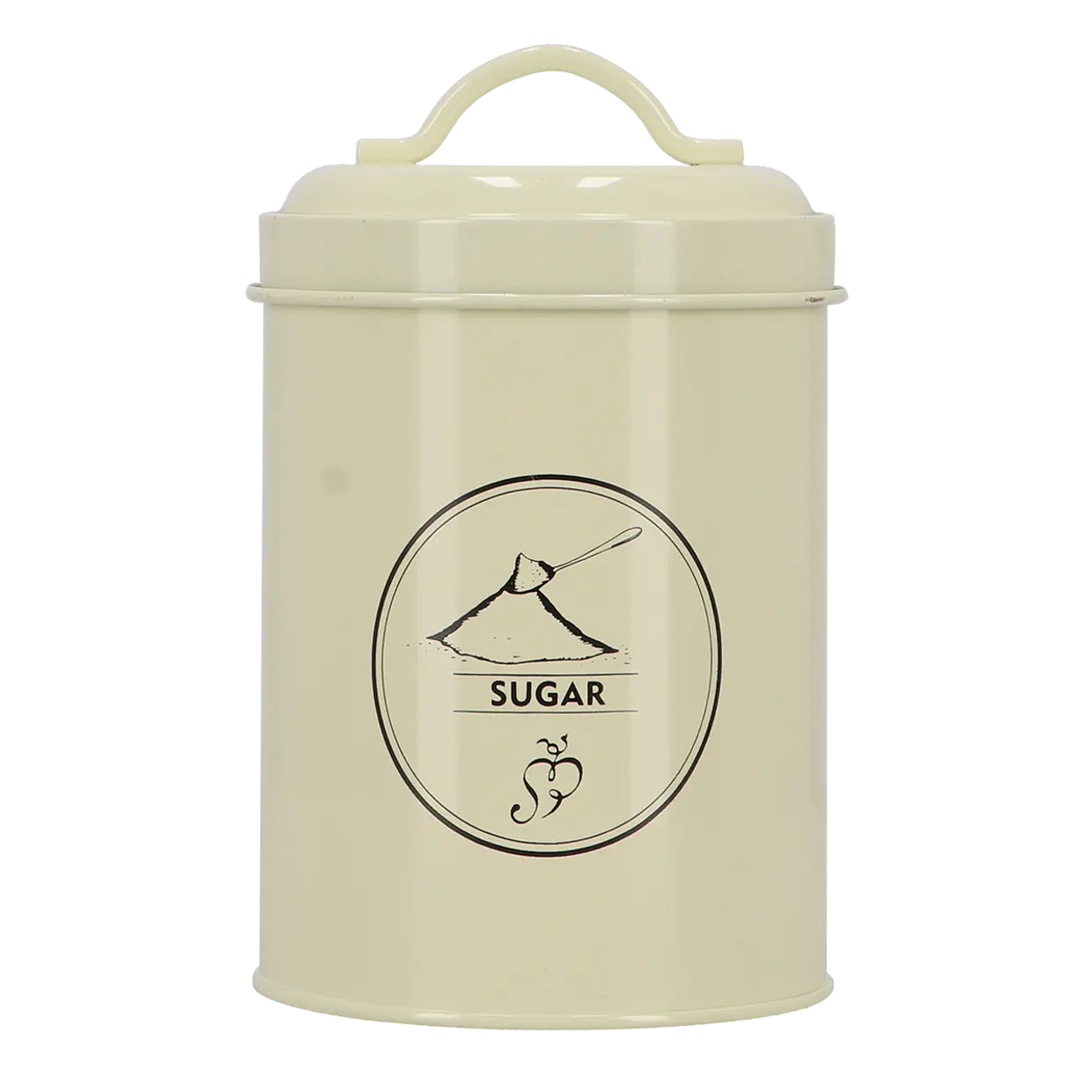 Suikervoorraadblik in crème met rond etiket “SUGAR” en greep/handvat