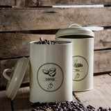 Voorraadblikken set: koffieblik voor en theeblik achter, crème kleur met etiketten