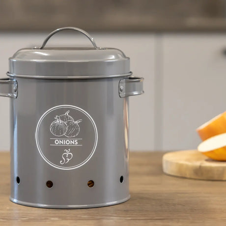 Antracietkleurig voorraadblik voor uien met opschrift “ONIONS”, deksel en handgreep