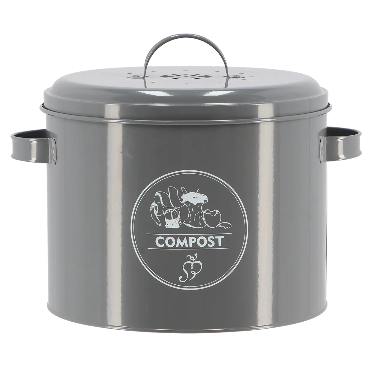 Keukencomposter antraciet met glanzende behuizing, deksel en twee zijhendels.