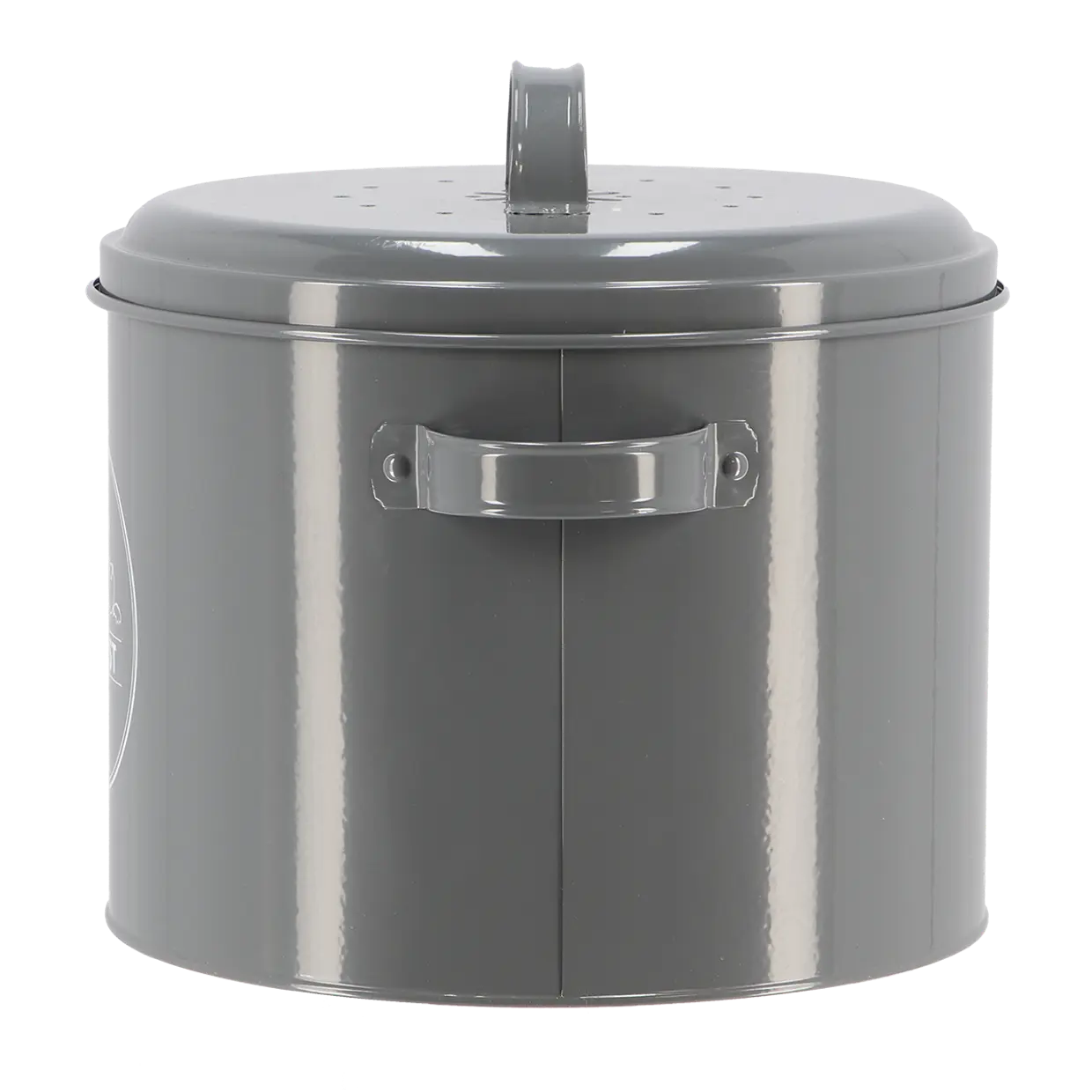 Keukencomposter antraciet met bovenhendel en gesloten deksel, ronde bakvorm.