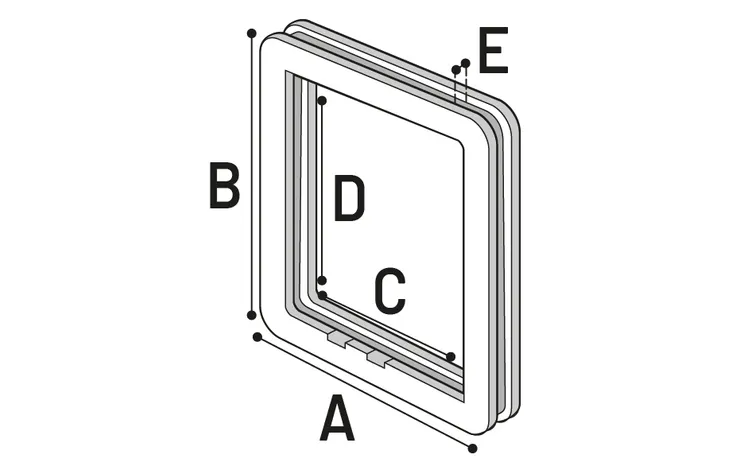 Diagram van 4-standen kattenluik met onderdelen A tot E