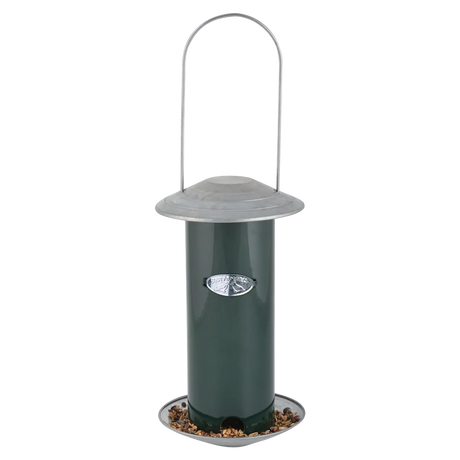 Groene vogelvoedersilo met metalen dak, ophangbeugel en voerschaal onderaan