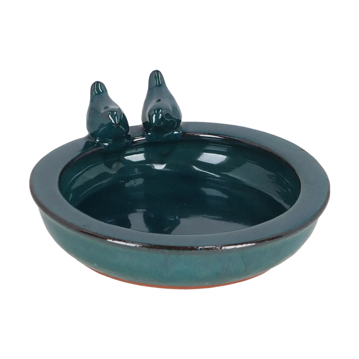 Donkerblauw rond keramisch vogelbad met twee vogelbeeldjes, glanzend waterbassin.