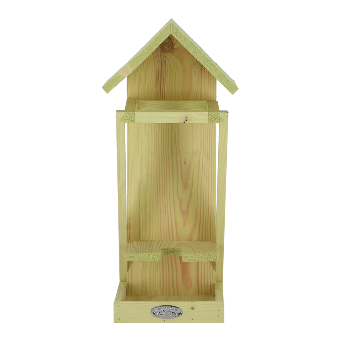 Houten wijnflesvoedertafel met dakje en zijvakken, zicht op binnenruimte