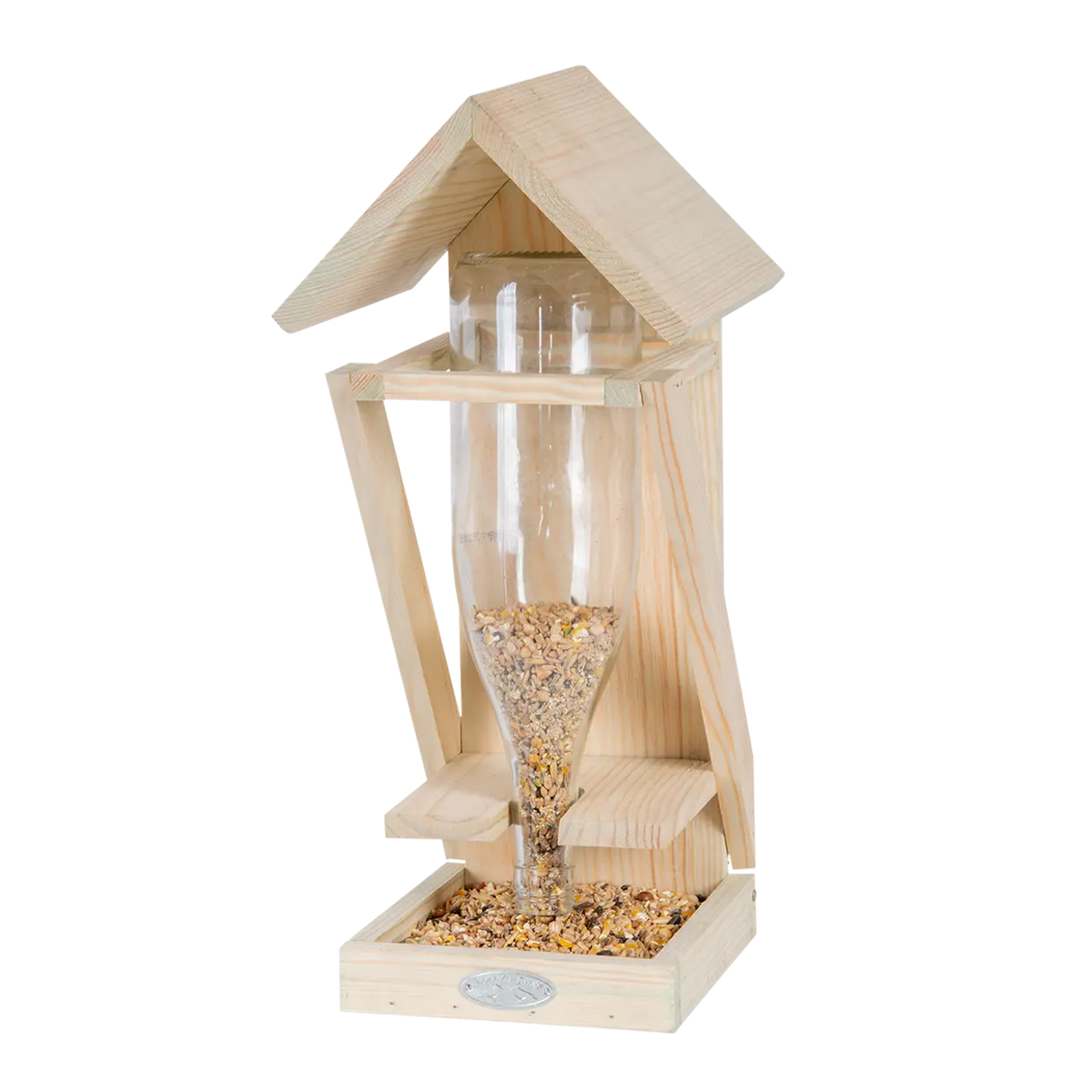 Houten wijnflesvoedertafel met transparante fles vol vogelzaad en open voetlade