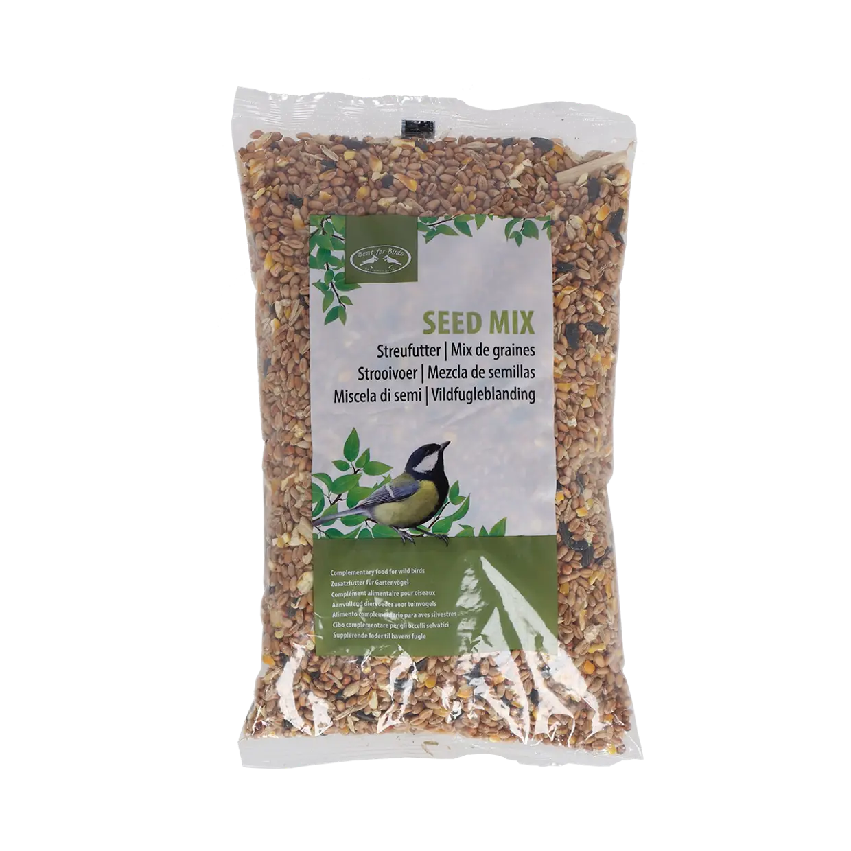 Strooivoermix zak met groene voorlabel en vogelafbeelding