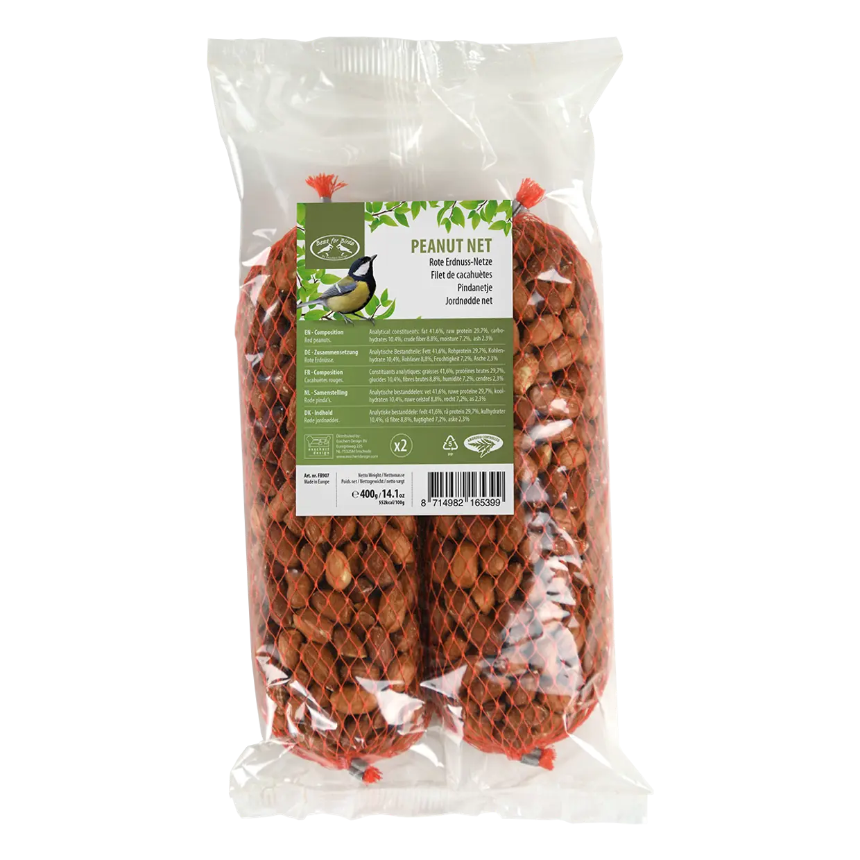 Set van 2 pindanetjes: transparante zak met bruine pinda’s in net