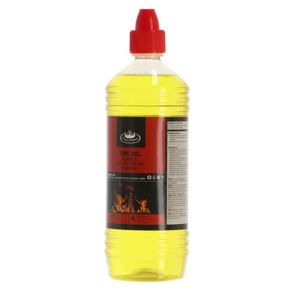 Fancy Flames vuurgel aanmaakvloeistof 1 liter, gele fles met rode schroefdop en etiket.