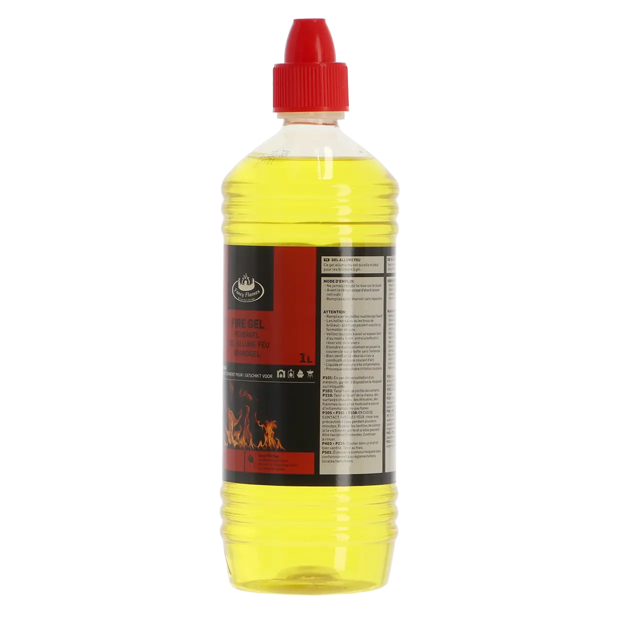 Fancy Flames vuurgel aanmaakvloeistof 1 liter, gele fles met rode dop en zij-etiket.