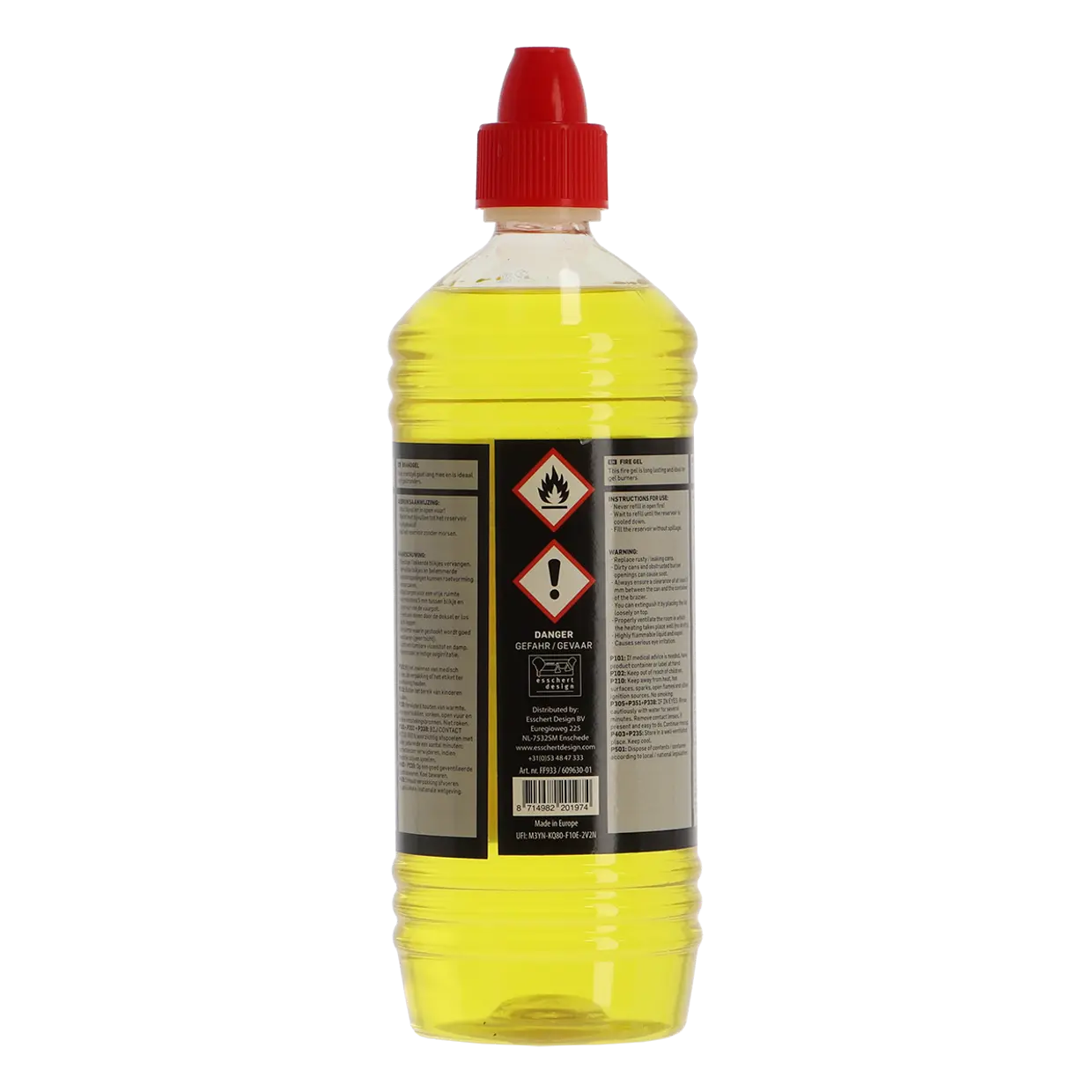 Fancy Flames vuurgel aanmaakvloeistof 1 liter, gele fles met rode dop en gevaarstickers.