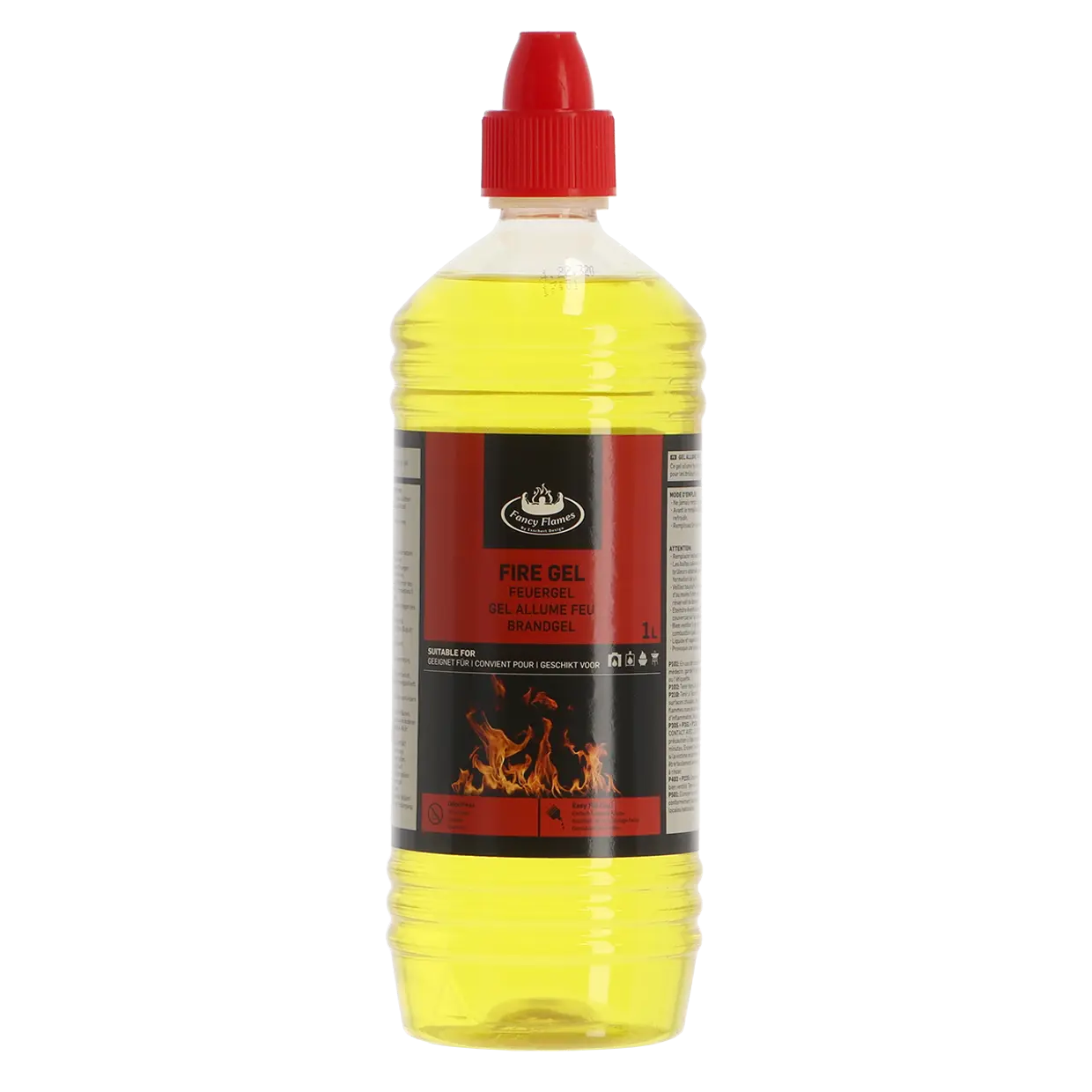 Fancy Flames vuurgel aanmaakvloeistof 1 liter, gele gel in fles met rode dop.