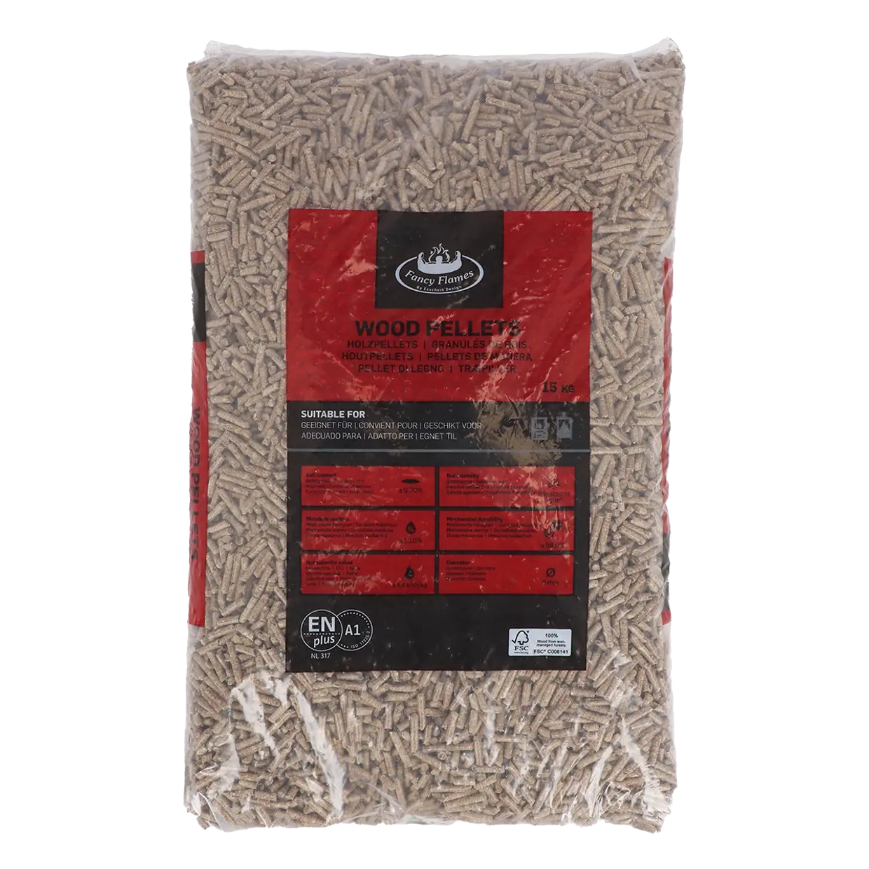 Houtpellets eikenhout zak van Fancy Flames, 15 kg met rode productlabel