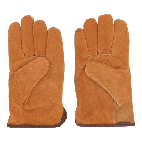 Tuinhandschoenen van varkensleer, okergeel paar, duimstuk en zichtbaar stiksel.