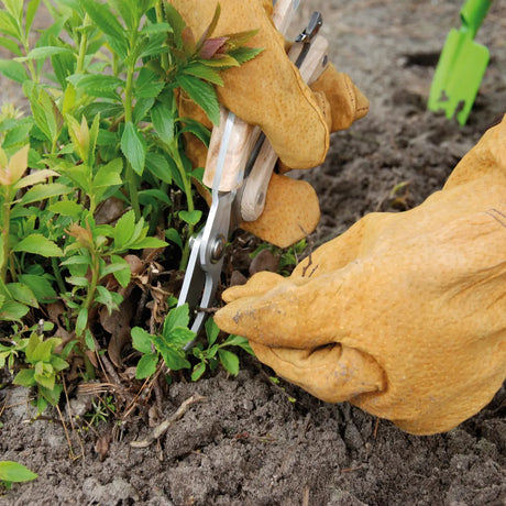 Tuinhandschoenen van varkensleer, okergeel met leren pols, klaar voor tuinwerk.