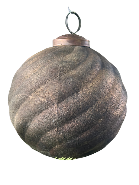 Antracietkleurige glazen kerstbal met gouden ophanglus en topkap, 9 cm