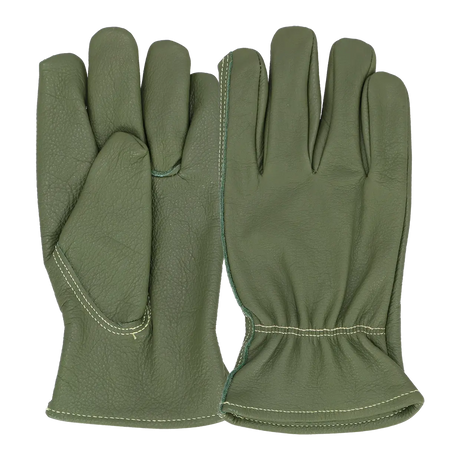 Groene leren handschoenen maat L, gestikte boorden en duimzoom