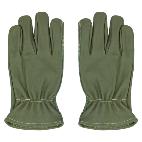 Groene leren handschoenen maat L, twee handschoenen met stiksels op manchet