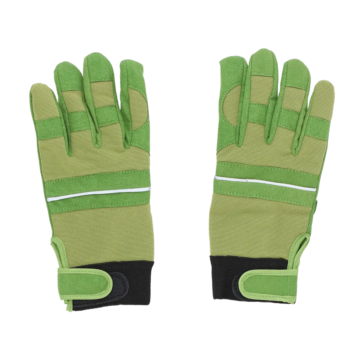Groene tuinhandschoenen met verstevigde vingers, reflecterende strepen en klittenbandsluiting.