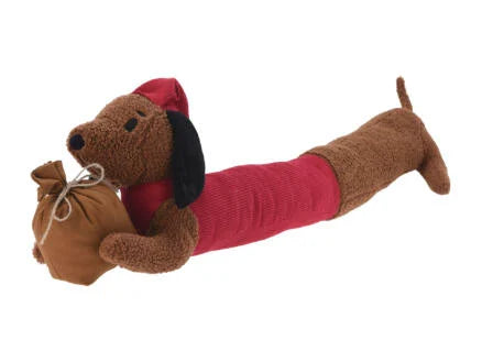Kerst tochtstopper hond van pluche met bruine kop, rood lijf en zwarte oortjes