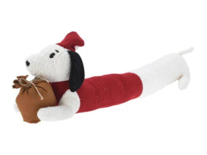 Kerst tochtstopper hond van pluche met witte kop en rood lijf, bruine onderzijde