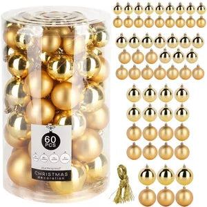 Set kerstballen van kunststof in goud, met 60 stuks en hanglus, in transparante verpakking.