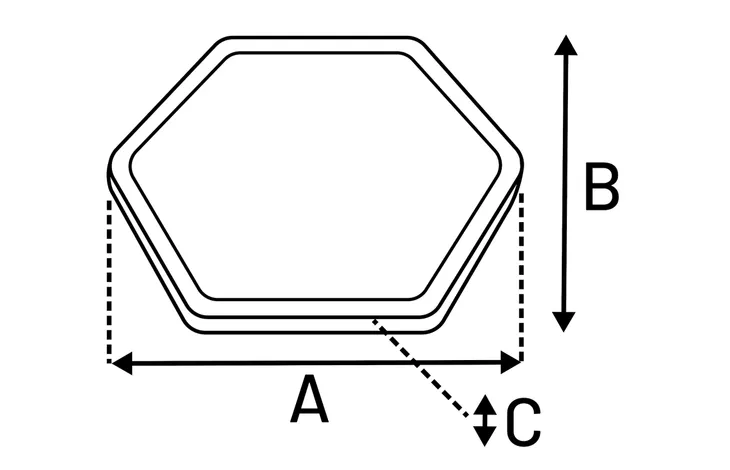 Afmetingdiagram van Flamingo zeshoekige likmat: A, B en C