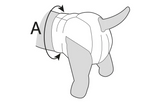Hondenluier instructieschema met pijl en maat A op hond