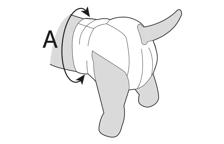 Hondenluier instructieschema met pijl en maat A op hond