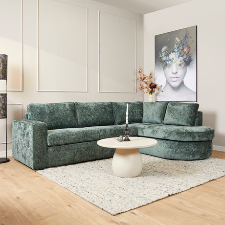 Groene hoekbank met chaise longue rechts, 2,5-zits, met hoge rug en kussens