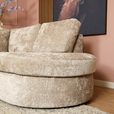 Beige stoffen bankdeel met ronde zitting en hoge armleuning, geweven structuur