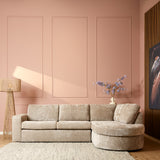 Beige gestoffeerde hoekbank met chaise links, 2,5-zits en ronde zitkussens
