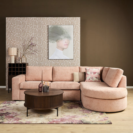 Roze hoekbank met 2,5-zits en divan rechts, met platte zitting en rugkussens