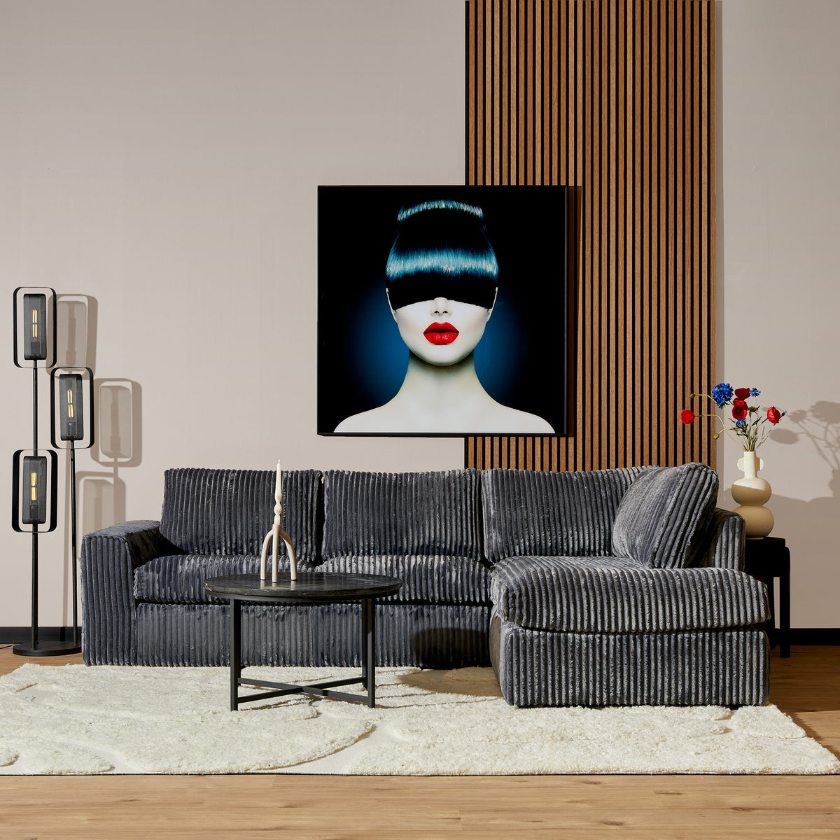 Antraciet teddybank (2,5-zits) met chaise rechts, ribbels op zit en rug
