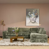 Groene teddybank met chaise rechts, 2,5-zits, lage rug en armleuningen