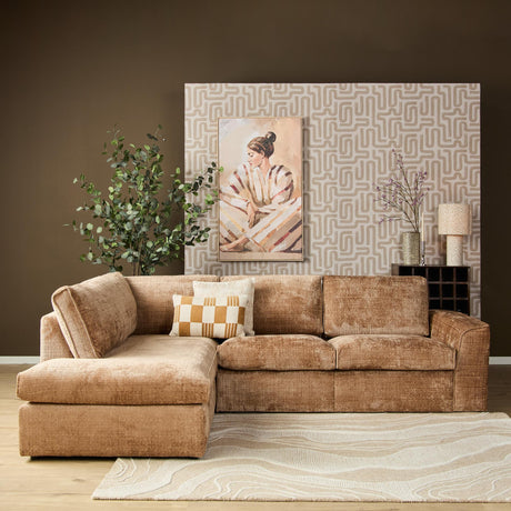 Kaneelkleurige teddy hoekbank met chaise longue links en ruime zit